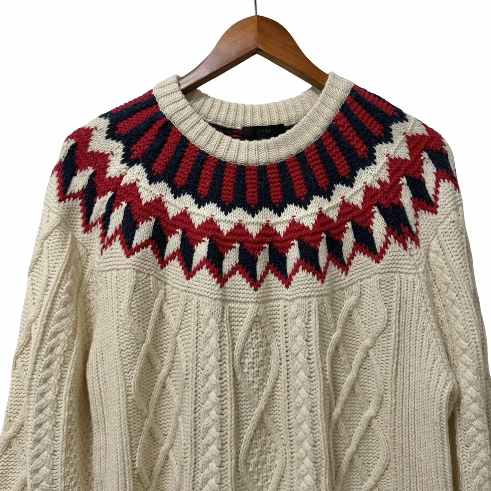 J Crew Fair Isle Fisherman Cable Knit Sweater Womens Large Cream Classic Ski NEW